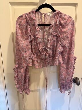 For Love & Lemons Pink Floral Ruffle Tie-Front Blouse